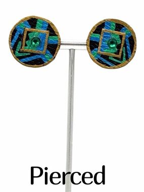 Creative Magic Artesian Earrings Colorful Geometric Aztec Design & Green Stone